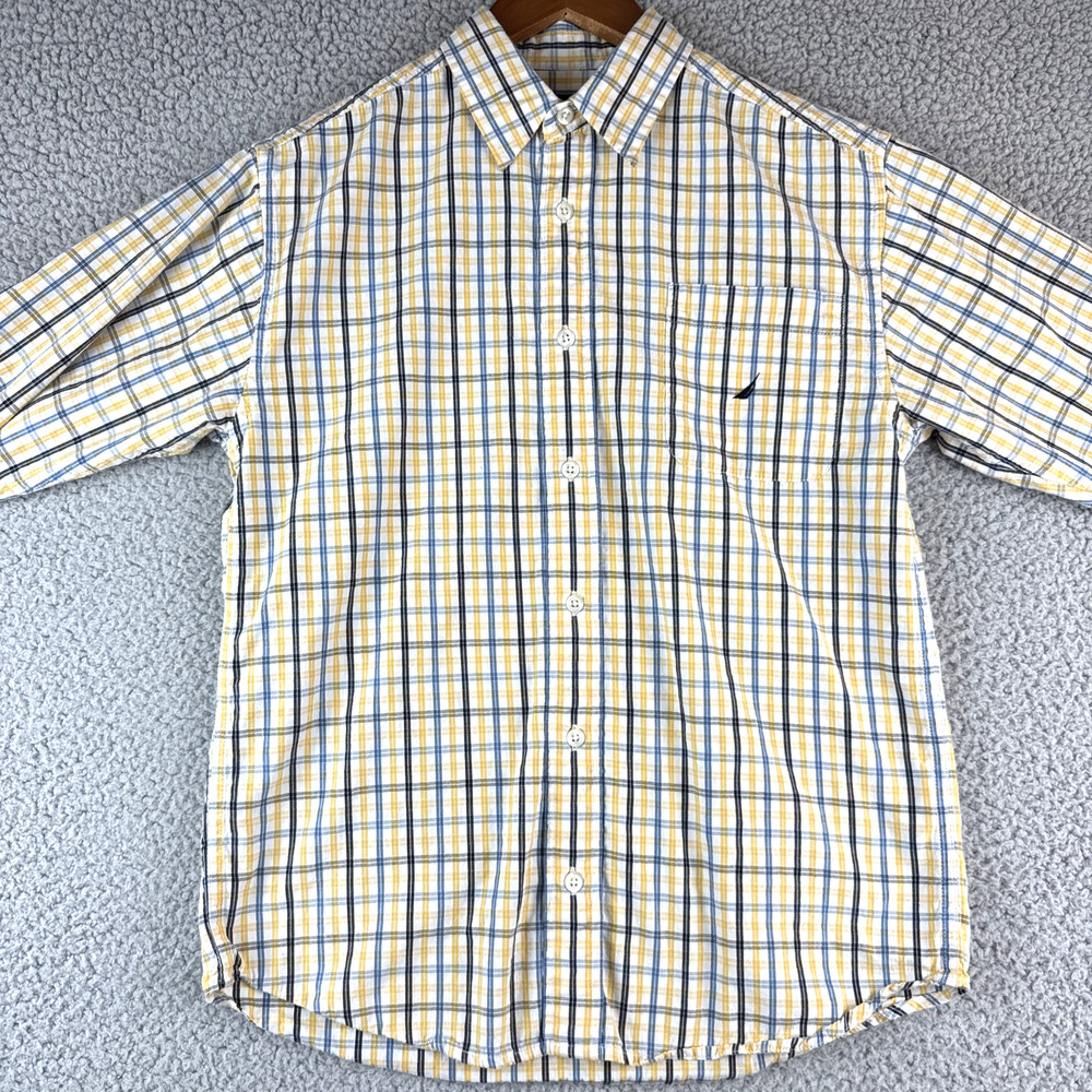 Nautica Boys Large 12/14 Cotton Yellow Plaid Long Sleeve Button Front Shirt Logo